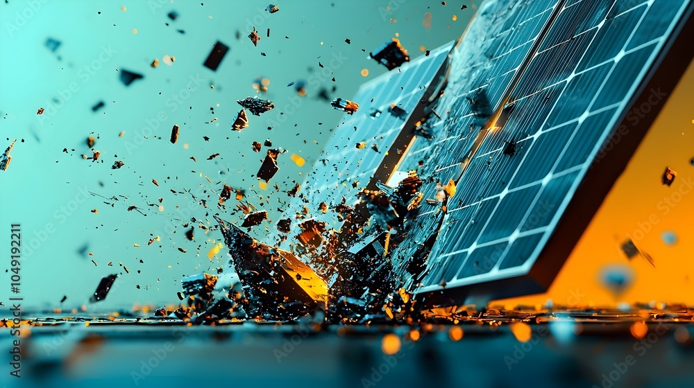 Poster Close up view of damaged solar panels caused by a collision with space debris highlighting the impact on renewable energy infrastructure and the need for improved space maintenance and protection