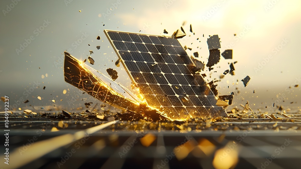 Poster Close up view of debris collision causing damage to solar panels in a futuristic space setting  The image depicts the aftermath of a space accident