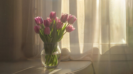 Sunlit pink tulips in glass vase by window