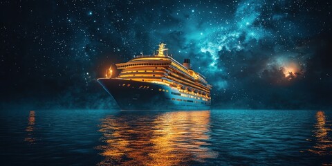 A Large Cruise Ship Sailing Under a Starry Sky