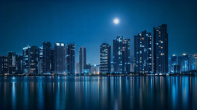 Stunning moonlit city skyline reflection on calm waters. Night city time - Powered by Adobe