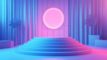 Fototapeta premium Abstract Neon Pink and Blue Minimalist Product Display with Circular Platform