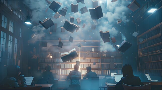 Mystical library books floating in a surreal study space - Powered by Adobe