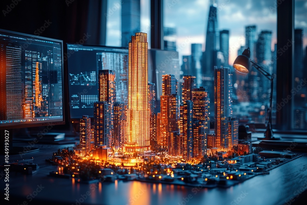 Poster Illuminated Model Cityscape on a Desk with a Window View of a Real City