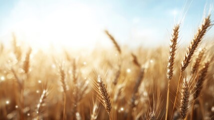 Fototapeta premium A stunning field of golden wheat glistens in the bright sunlight, reflecting nature’s beauty and bounty, symbolizing life, perseverance, and cycles of growth.