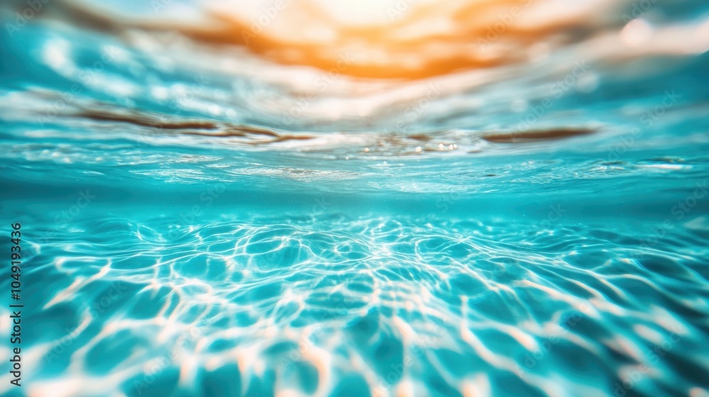 Poster breathtaking underwater view of clear turquoise water with sunlight playfully reflecting on the surf