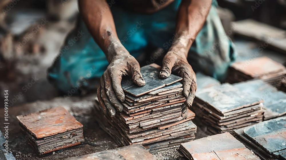 Poster close up view of skilled workers meticulously arranging stacks of tiles with precision and care show