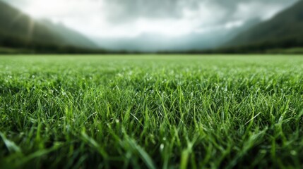 A dramatic image of an expansive green field with mountains in the background, under a dark, cloudy sky, creating a powerful and moody atmospheric effect.
