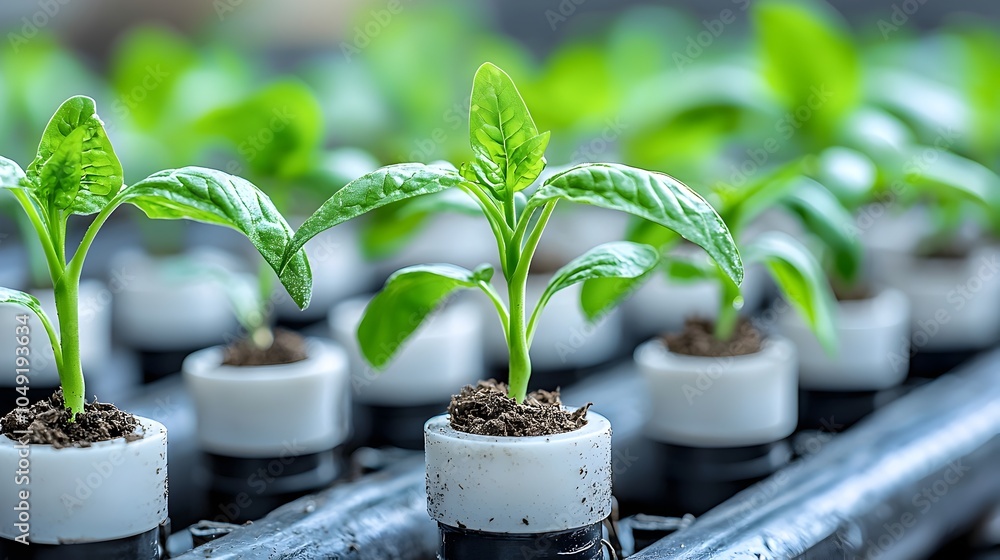Poster close up view of small green seedlings growing in individual pots or containers arranged in rows for