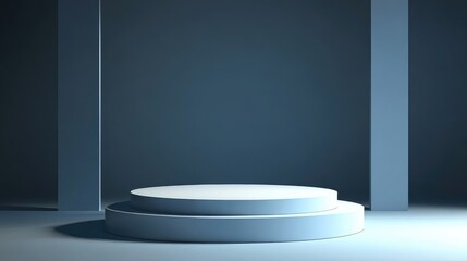 Two-Tiered Circular Platform in a Blue Room with Vertical Panels