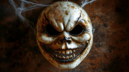 Creepy white Halloween mask with a menacing grin hanging on a rustic wooden background.