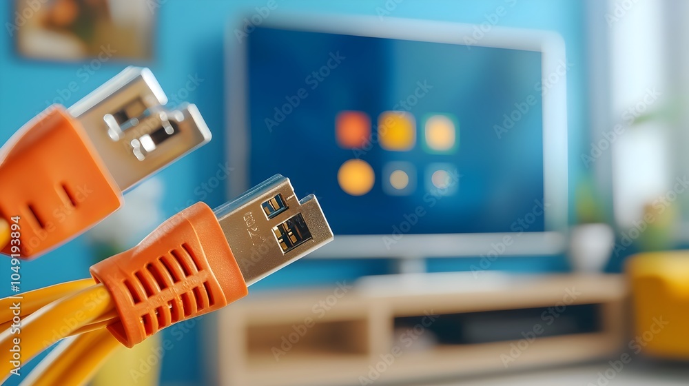 Poster close up view of various cables and ports connected to the backside of a modern smart television dis