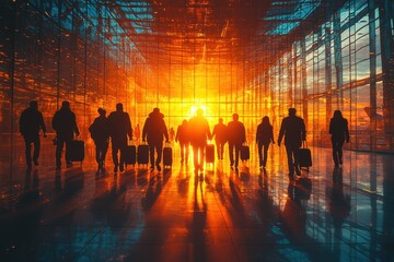 Obraz premium Silhouettes of Travelers Walking Through an Airport Terminal with Sunset Light Streaming Through the Windows