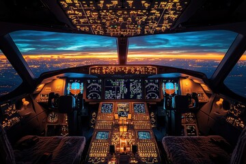 Fototapeta premium Airplane Cockpit at Sunset with City Lights Below