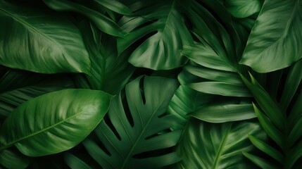 A stunning close-up of vibrant green tropical leaves beautifully illuminated by soft, gentle light, evoking a sense of freshness, vitality, and natural beauty.