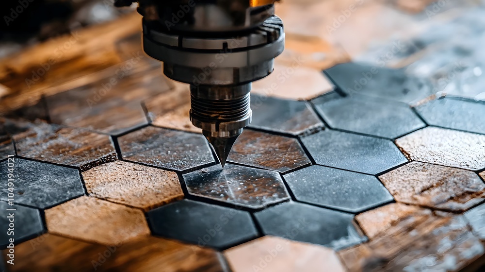 Poster Close up view showcasing the intricate process of ceramic tiles being accurately and efficiently cut into desired shapes using a powerful waterjet cutting machine