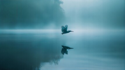 Fototapeta premium Solitary heron gliding over calm misty lake with perfect reflection