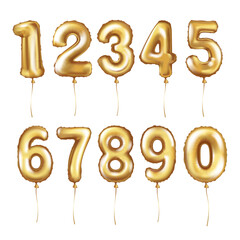 Set of gold foil latex balloons. Numbers. Helium balloon, golden. Realistic vector illustration for holiday, birthday, festival