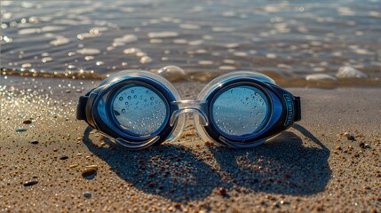 Swimming goggles with water droplets on sandy beach shoreline at sunset