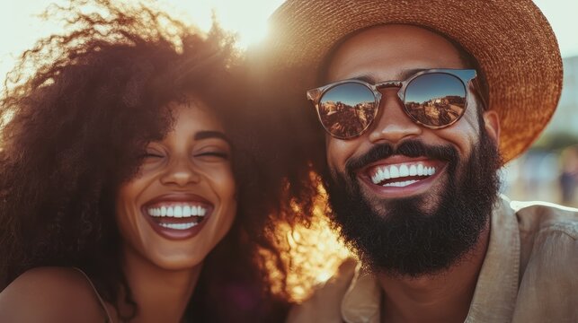 A joyful couple with beaming smiles and stylish sunglasses enjoy a radiant sunny day, embodying love and friendship in a moment filled with warmth and laughter.