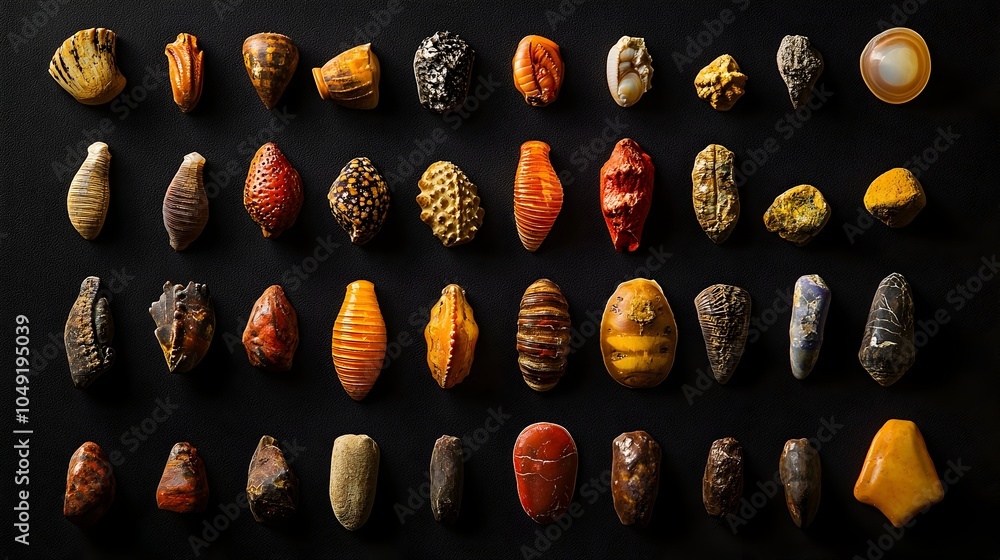Poster Closeup of a collection of small brachiopod fossils neatly arranged in a pattern on a neutral background showcasing the intricate details and textures of these ancient marine invertebrate shells