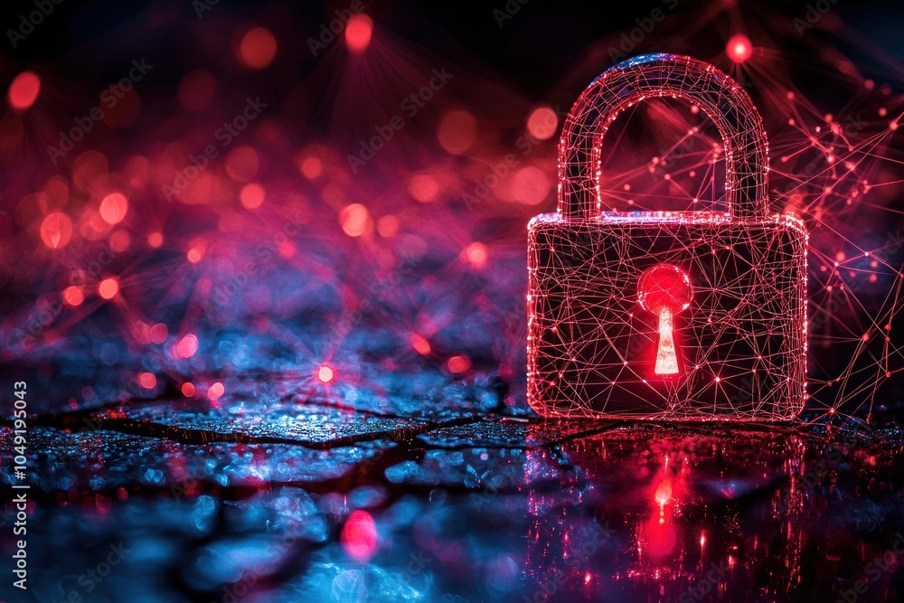 Poster Cybersecurity padlock with red light and network abstract
