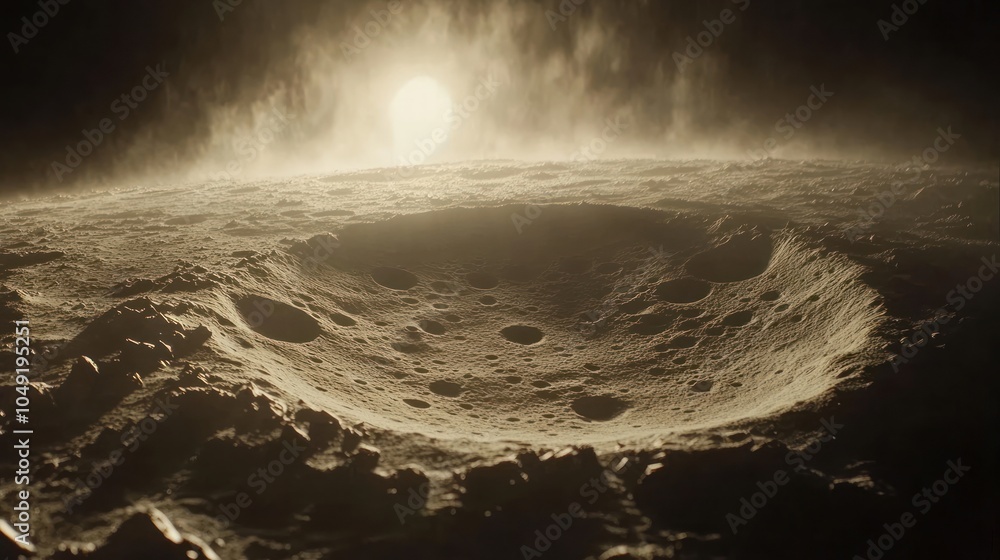 Poster a large crater on the surface of the moon with a bright sun shining in the distance and a hazy atmos