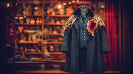 A  mannequin  wearing  a  long  blue  coat  with  a  hood  in  a  store  window.