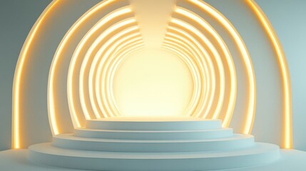 Fototapeta premium Abstract Architectural Structure with Illuminated Arched Walls and a White Platform