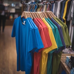 Fototapeta premium A vibrant display of colorful t-shirts hanging on a rack in a clothing store.