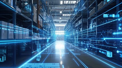 Fototapeta premium Futuristic technology retail warehouse. Blue tone.