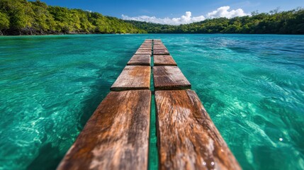 A wooden pier extends into crystal-clear tropical waters, exemplifying the ideal vacation scenery...