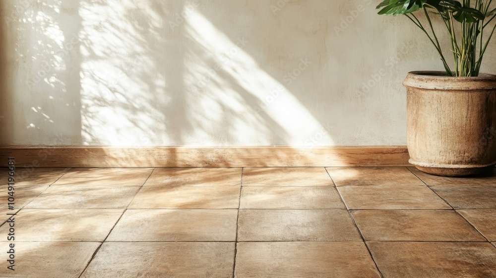 Poster sunlit shadows of leaves fall gracefully on a tile floor, creating an interplay of light and shadow 