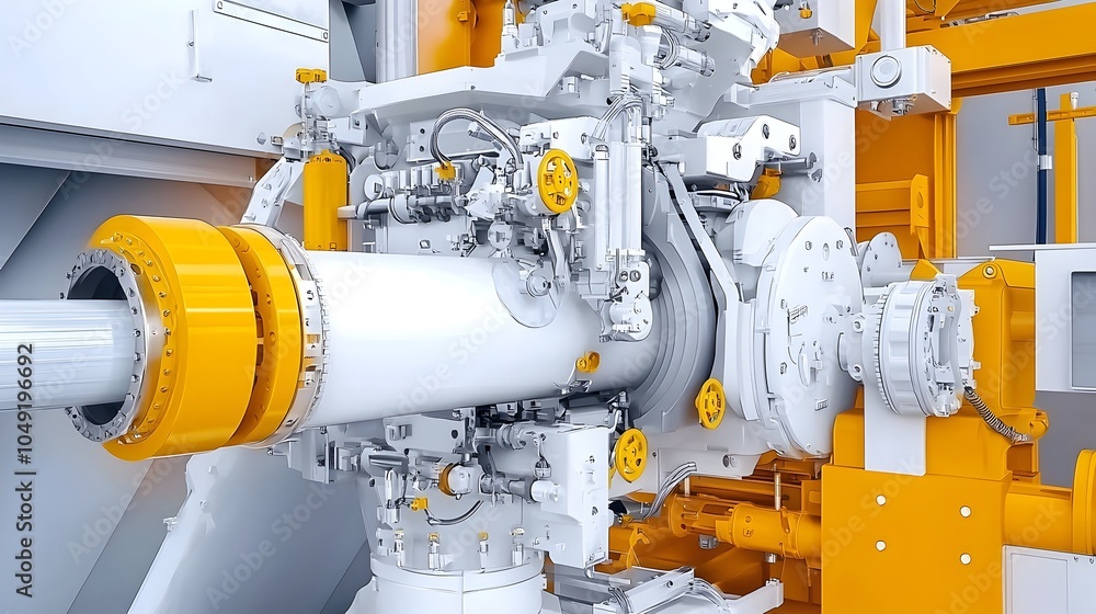 Poster Closeup of an industrial extrusion machine manufacturing PVC pipes for use in infrastructure construction and utility projects  The machine is part of an automated production line