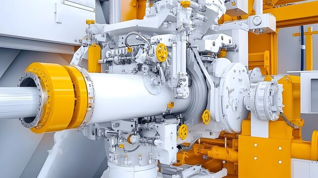 Closeup of an industrial extrusion machine manufacturing PVC pipes for use in infrastructure construction and utility projects  The machine is part of an automated production line
