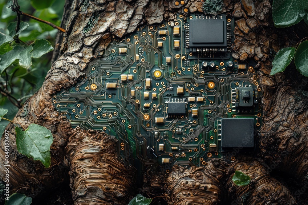 Poster circuit board embedded in tree bark