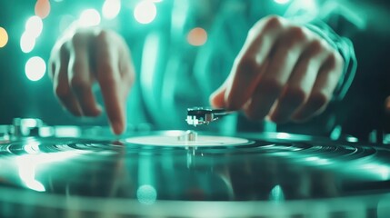 The image captures a DJ skillfully spinning vinyl records on a turntable, set against a backdrop of vibrant lights, encapsulating a lively music event atmosphere.
