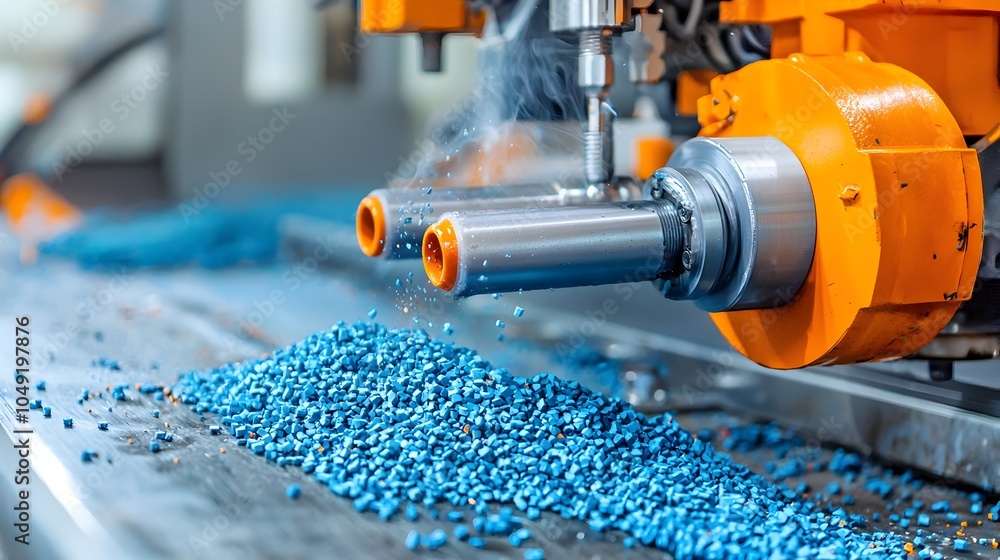 Poster closeup view of pvc plastic granules being melted and extruded into pipe or tubing shapes on an indu