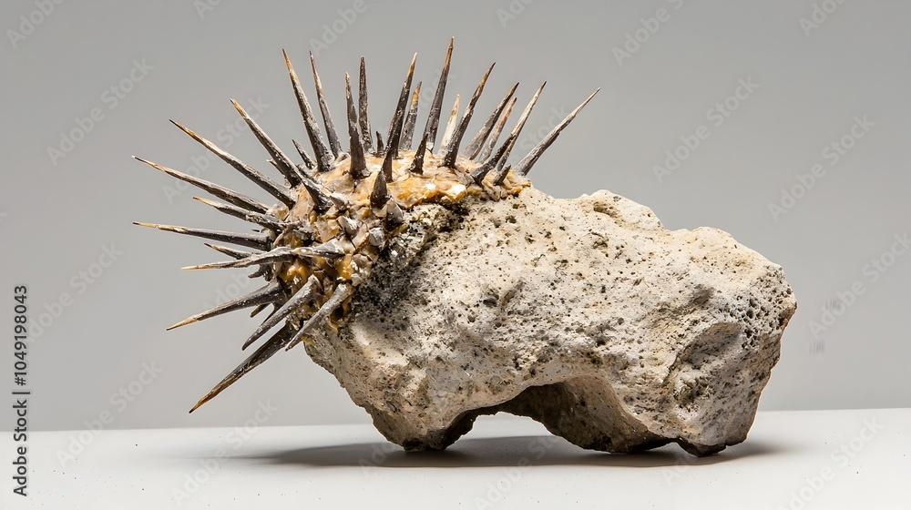 Poster Closeup view of a fossilized sea urchin with its slightly eroded spikes preserved in an underwater natural setting  This ancient marine organism fossil showcases its intricate texture and patterns
