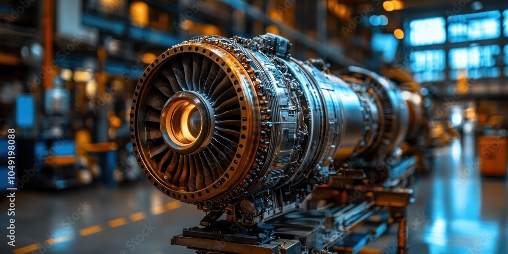 Poster Close-up of a Jet Engine in a Workshop Setting