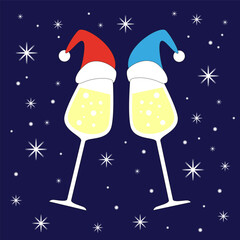 Vector chin chin party illustration. Two wine with christmas hats champagne glasses cheering isolated icon. New year design