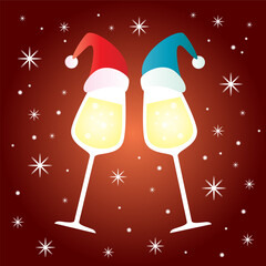 Vector chin chin party illustration. Two wine with christmas hats champagne glasses cheering isolated icon. New year design