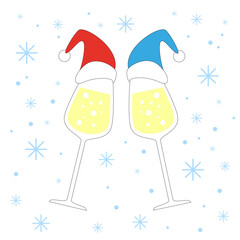 Vector chin chin party illustration. Two wine with christmas hats champagne glasses cheering isolated icon. New year design