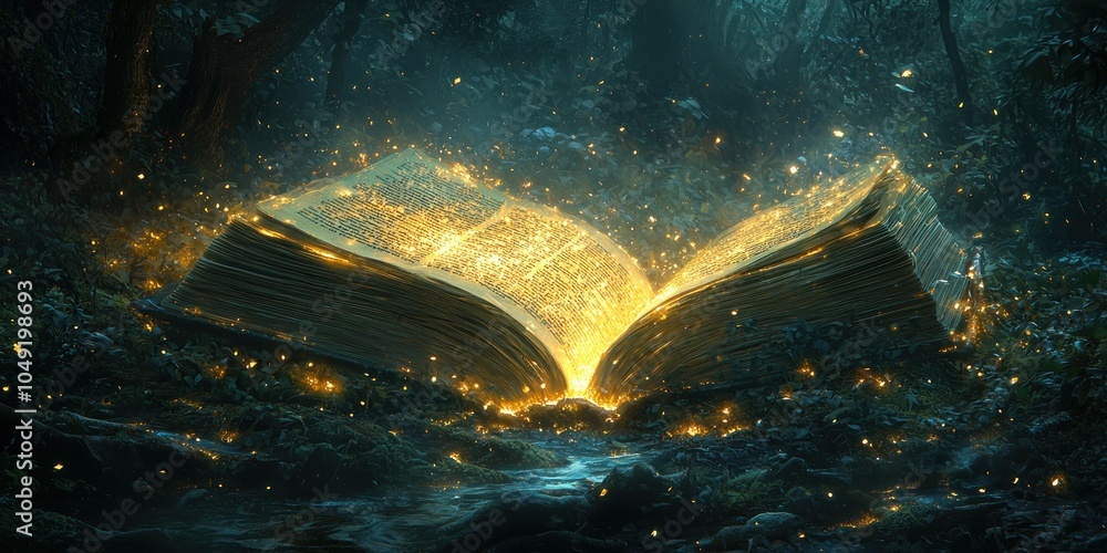Poster a glowing open book in a dark forest