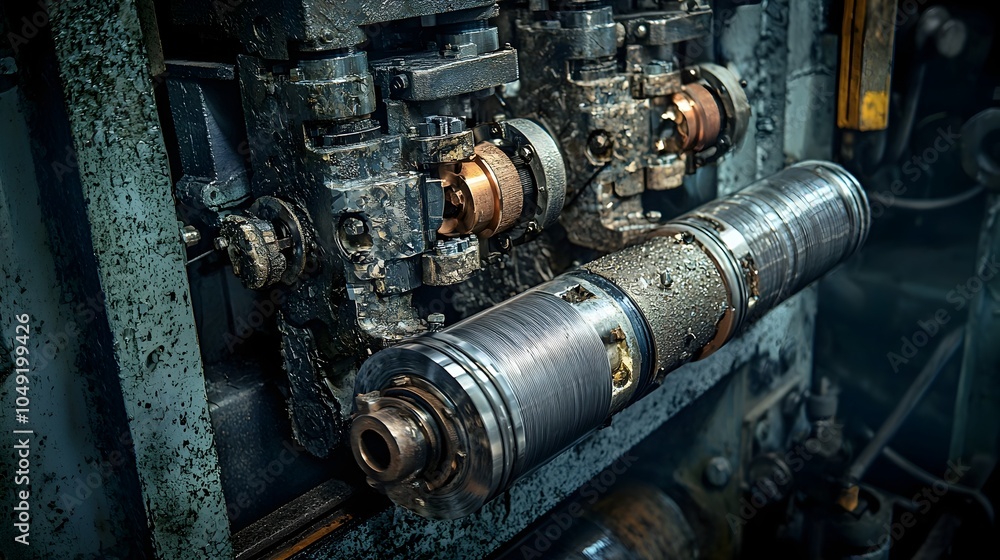 Fototapete closeup view of shiny smooth cold rolled metal sheets or plates emerging from precision rolling mach