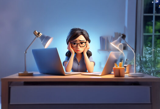 A cartoon woman sits at her desk, looking overwhelmed and stressed, surrounded by two laptops and work materials.