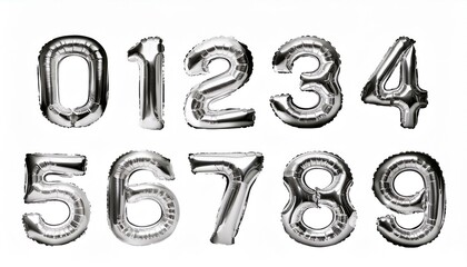 数字の0123456789の形の銀色の風船（Number 0123456789 silver foil balloon on white background）
