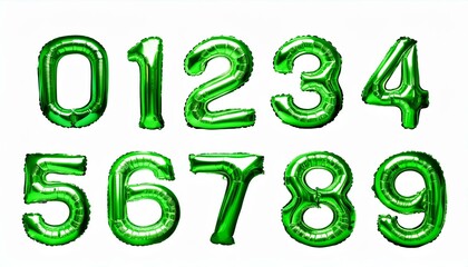 数字の0123456789の形の緑色の風船（Number 0123456789 green foil balloon on white background）
