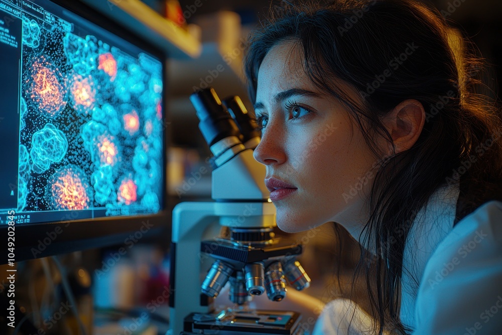 Poster a young woman concentrates on a microscope while analyzing cells on a computer screen