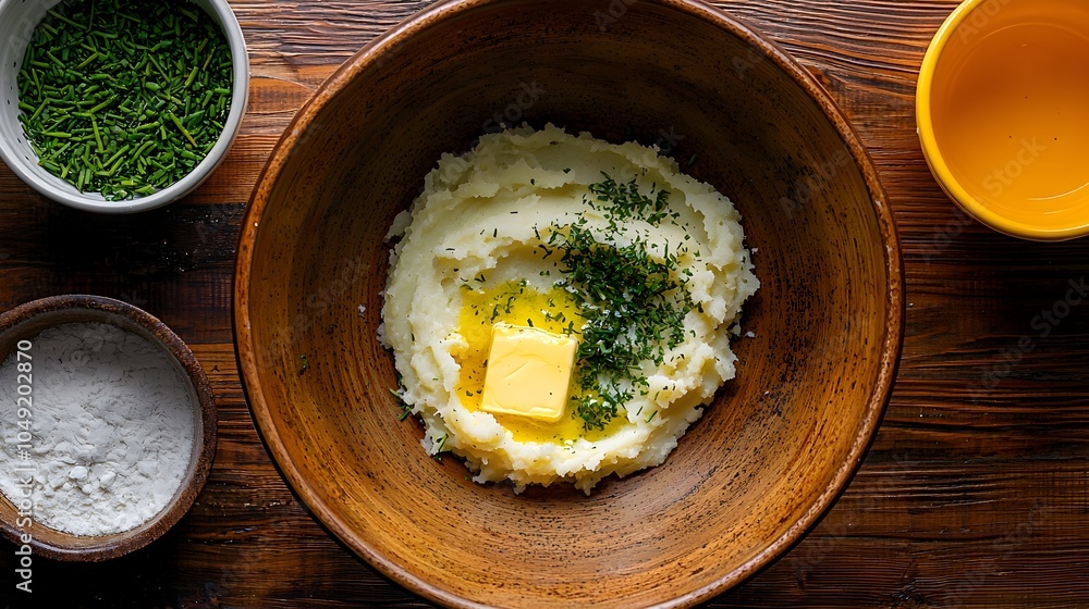 Aufkleber comforting and creamy mashed potatoes with melted butter and fresh fragrant herbs served in a warm c